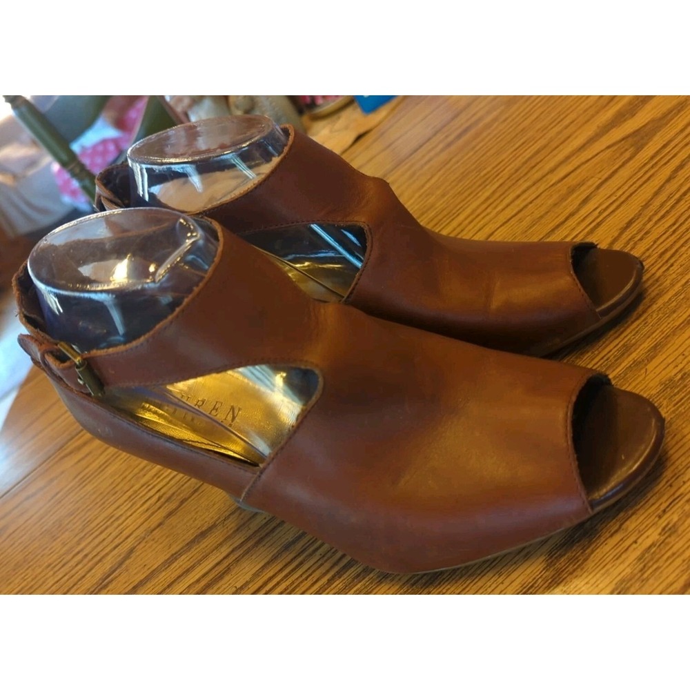 Lauren‎ Ralph Lauren Cognac Brown Leather Peep Toe Wedge Sandals Strappy Heel 9B